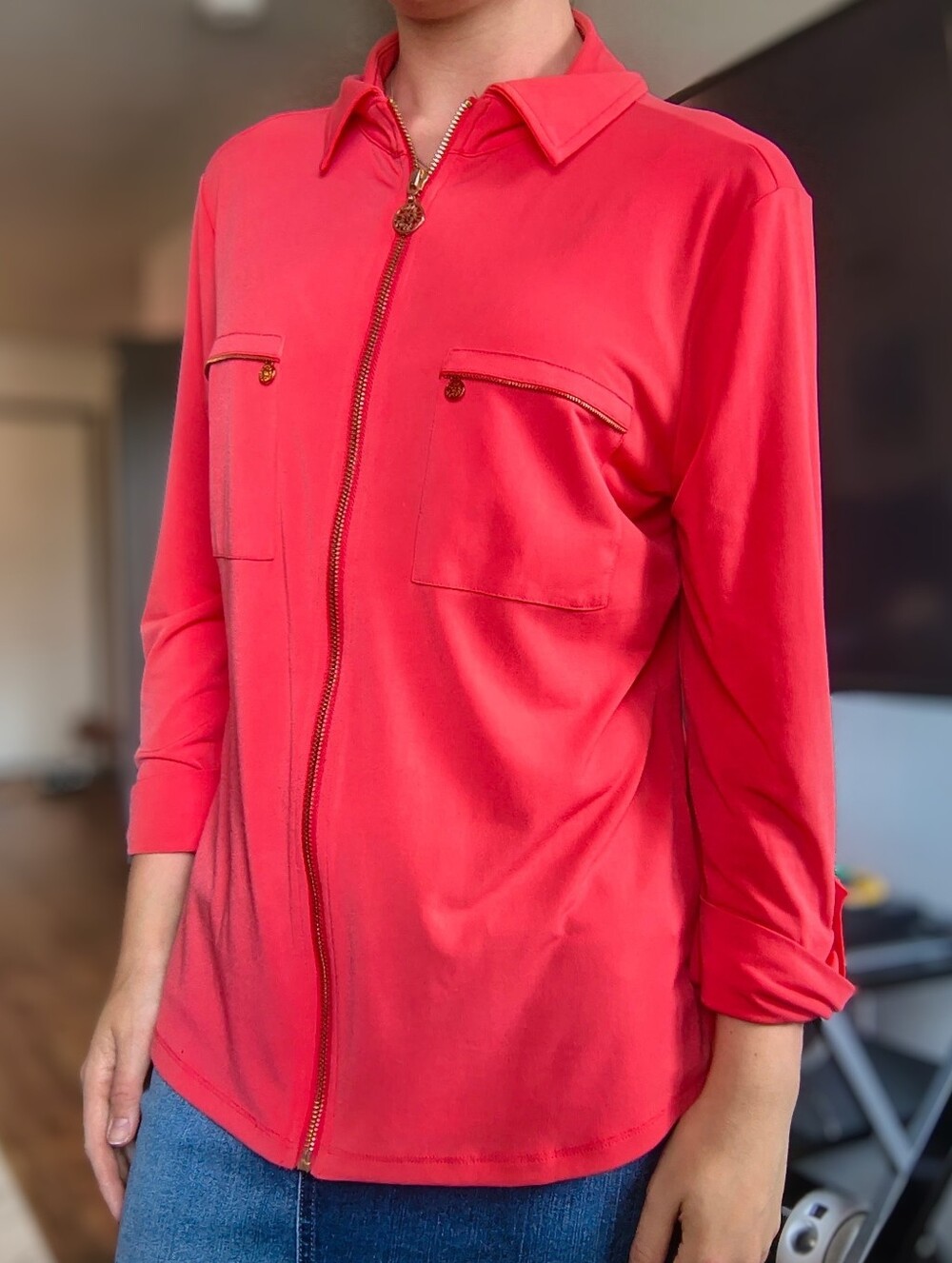 Anne Klein Designer Hot Pink Long Sleeved Gold Zipper Collared Blouse Size M